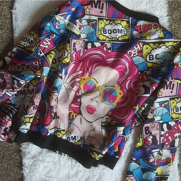 Jackets & Blazers - Comic Book Graphic Jacket Swishy Full Zip Multicolor Unisex Size Large